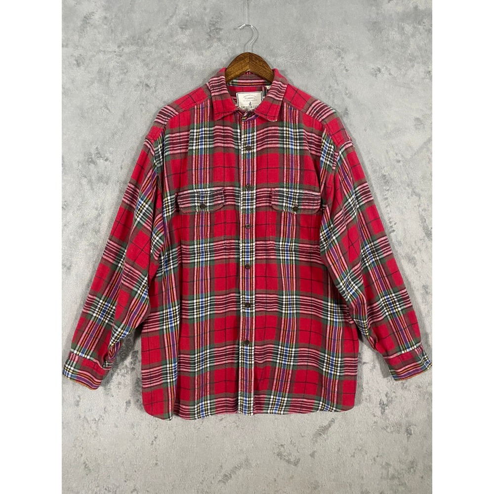 American Eagle Flannel Shirt XL Red Plaid Rugged Cotton Button Down Lumberjack